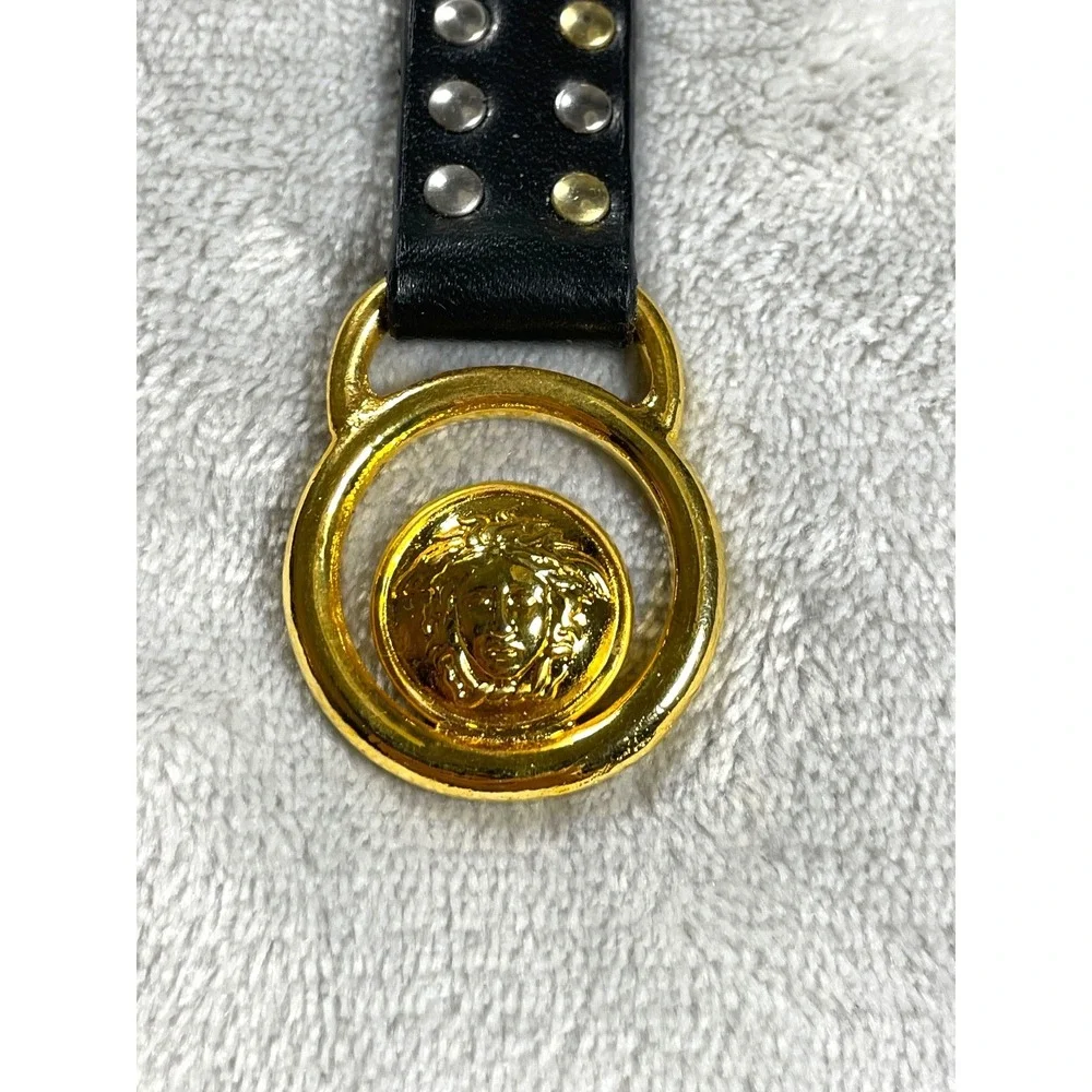 Vintage Gianni Versace Medusa Keychain Black Gold Leather Studded With Box Tag